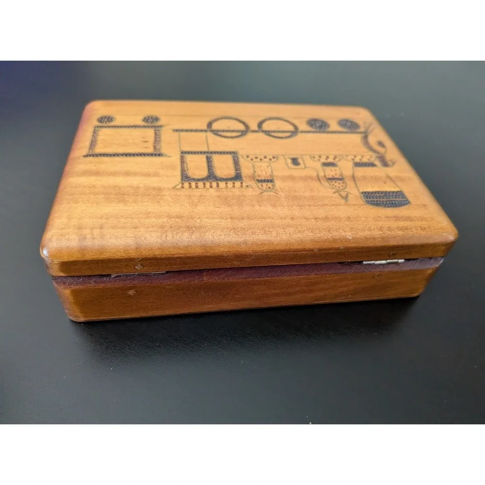 Vintage Wooden Jewelry Box Trinket Box Etched Train Design Poland 5.5